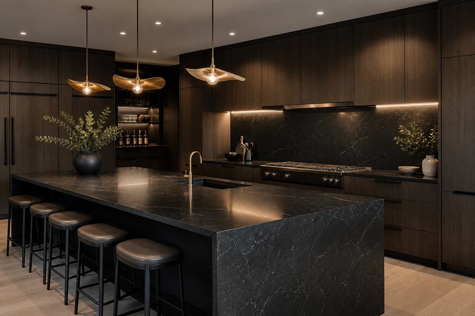 Rendered black quartz kitchen concept with dark cabinetry and warm lighting