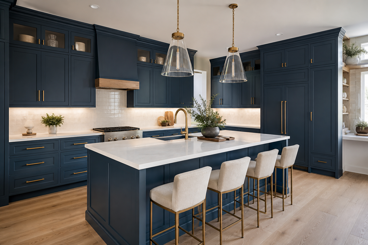 Rendered blue cabinetry kitchen concept with quartz counters and brass hardware