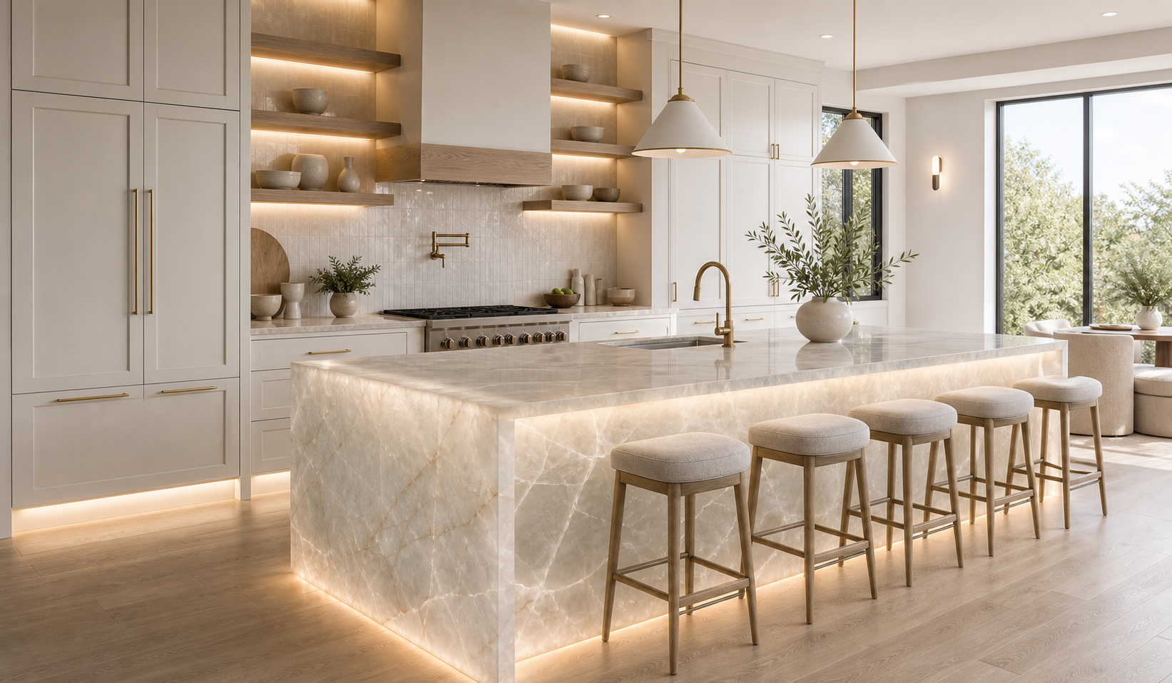 Rendered clear quartz kitchen concept with soft under-island lighting