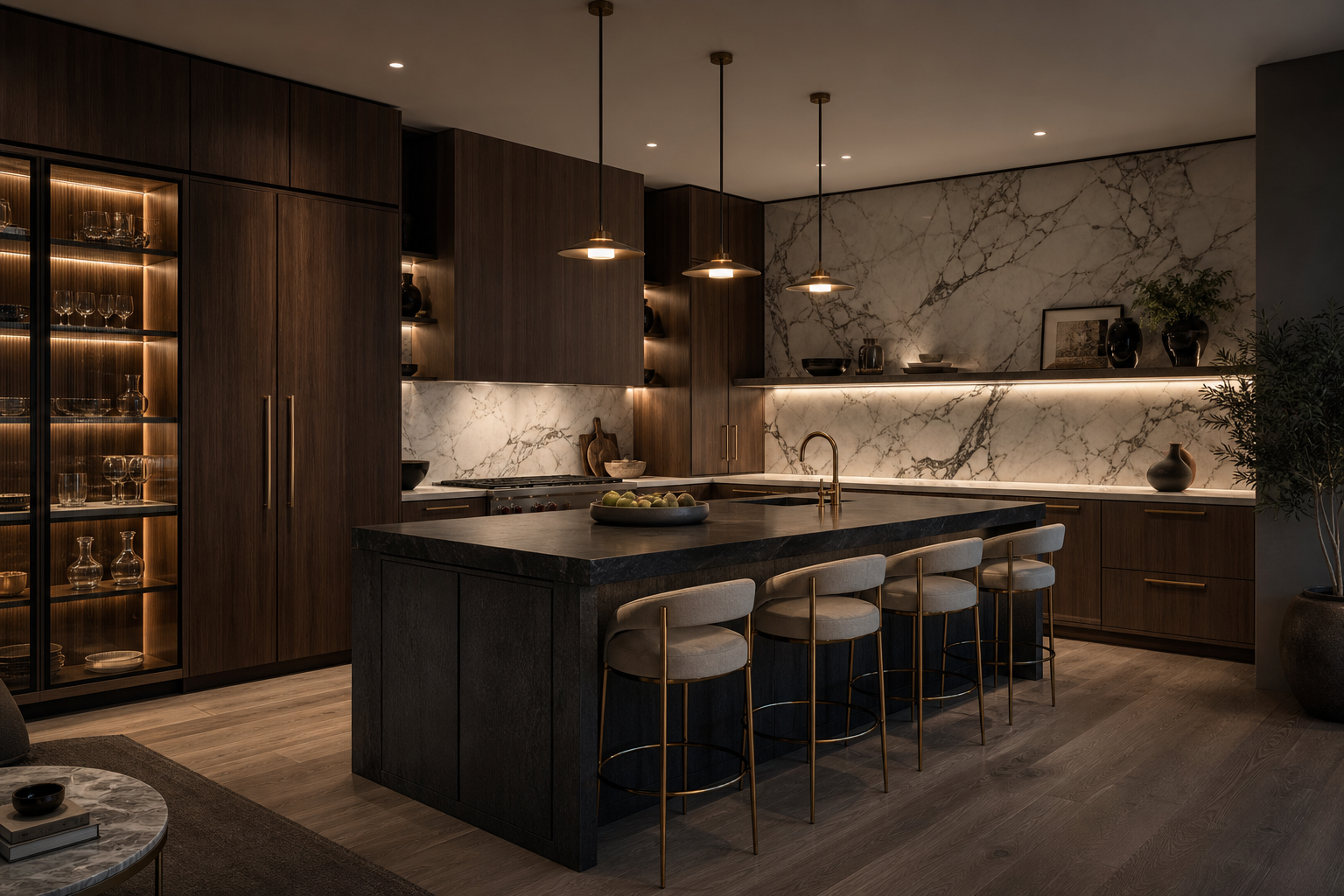 Rendered dark walnut kitchen concept with dramatic stone backsplash