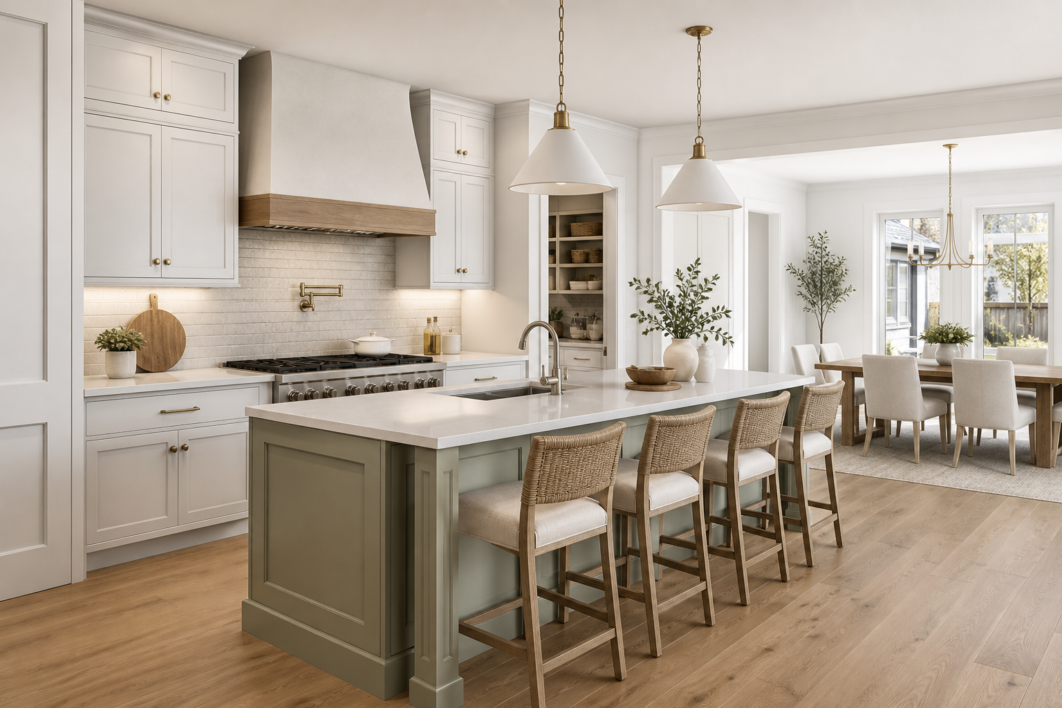Rendered pale sage kitchen concept with custom hood and quartz counters