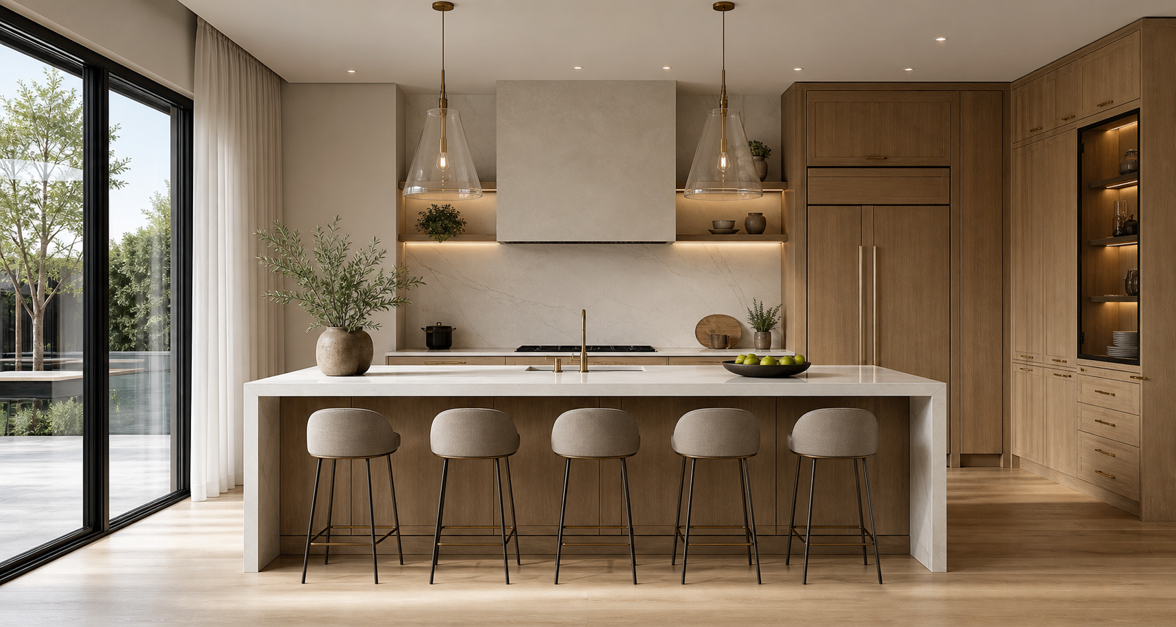 Rendered white oak kitchen concept with quartz island
